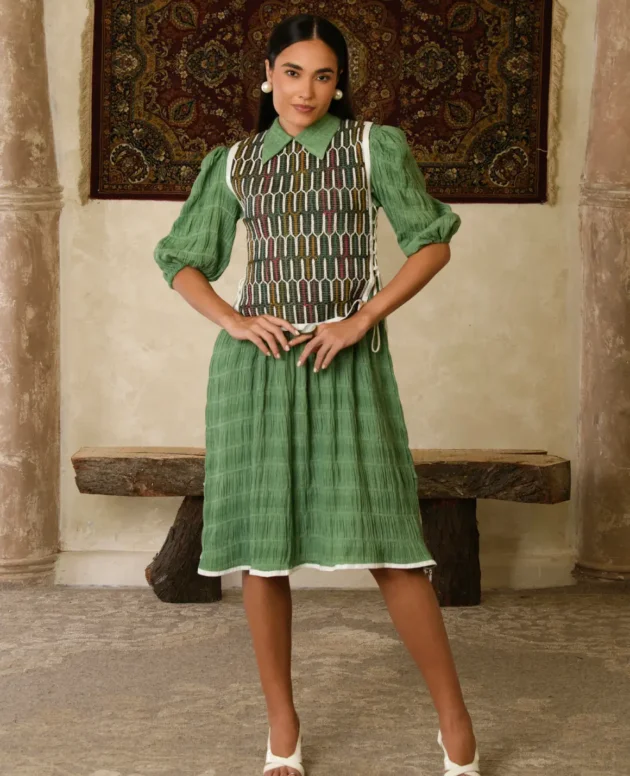MAMA SAIID CHIIC GREEN CRINKLE MIDI DRESS