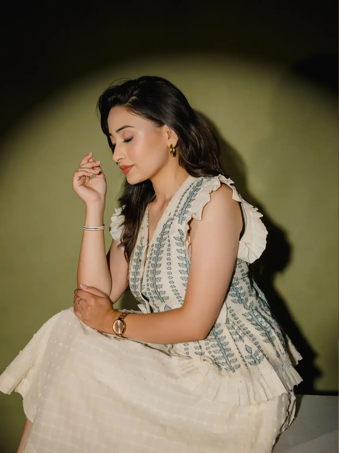 MAMA SAIID CHIIC Ivory Floral Waistcoat with Check-Dot Skirt (2-Piece Set) - Image 3