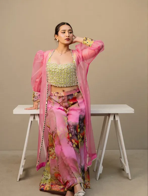 MAMA SAIID CHIIC Pink Embroidered Bustier with Organza Shrug & Flared Pants